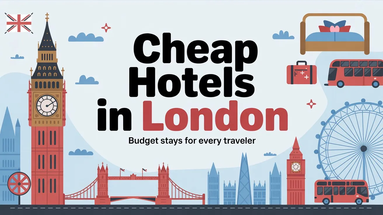 Create a clean and modern travel thumbnail featuring the text “Cheap Hotels in London” in bold, stylish font, and “Budget Stays for Every Traveler” in a smaller subtitle below. Use a background with iconic London elements like Big Ben, London Eye, Tower Bridge, and red buses. Add hotel imagery (bed, suitcase, or building icon) to highlight the budget-friendly stay concept. Use a bright color scheme (red, blue, and white) to reflect London’s vibe. Ensure the design looks eye-catching, professional, and YouTube/blog friendly.