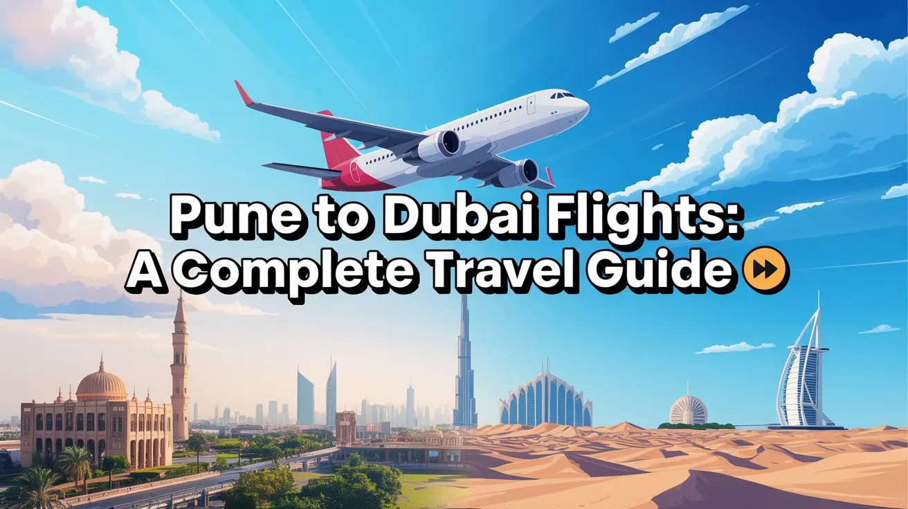 A modern travel thumbnail showing an airplane flying from Pune to Dubai. On one side, iconic Pune elements like Shaniwar Wada or simple city skyline. On the other side, Dubai landmarks like Burj Khalifa, Burj Al Arab, and desert dunes. Bright blue sky with clouds, travel vibes, clean bold text overlay saying “Pune to Dubai Flights: A Complete Travel Guide ✈️”. Use vibrant colors, high contrast, professional YouTube/blog thumbnail style, minimal clutter.