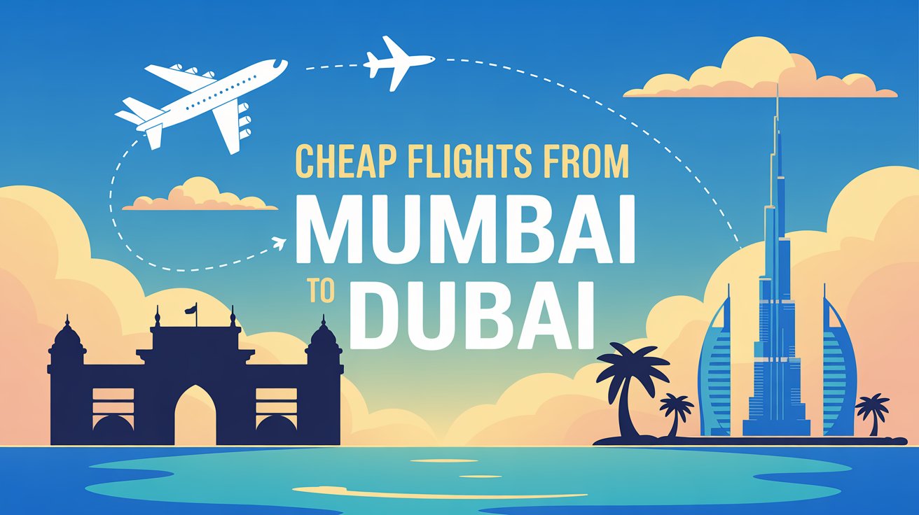 “Create a modern travel thumbnail featuring an airplane flying from Mumbai (India Gateway of India silhouette) to Dubai (Burj Khalifa and Palm Jumeirah skyline). Use a bright sky with clouds, a dotted flight path with an airplane icon, and bold travel-style text overlay: Cheap Flights from Mumbai to Dubai. Design should be eye-catching, minimal, and professional, suitable for a travel blog. Use vibrant colors like blue, white, and gold.”